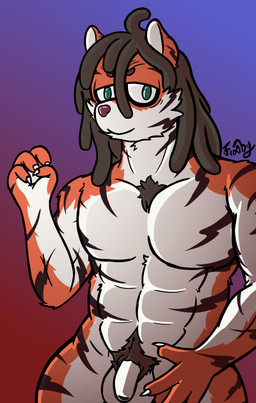 abs anthro balls body_hair brown_hair chest_hair chest_tuft claws dreadlocks flaccid fur genitals hair long_hair male muscular muscular_anthro muscular_male nude orange_body orange_fur pecs penis pubes realistic_penis_size simple_background solo striped_body striped_fur stripes tired_eyes tuft white_body white_fur frooby felid mammal pantherine tiger absurd_res digital_media_(artwork) hi_res