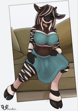 anthro big_breasts breasts bulge clothed clothing gynomorph horn intersex ossicone sitting smile solo mizky giraffid mammal okapi absurd_res digital_media_(artwork) hi_res herm_(lore)
