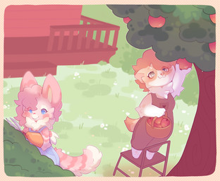 anthro apple apple_tree cheek_tuft chibi clothed clothing cute_fangs duo eyelashes facial_tuft fangs feathered_wings feathers female food fruit fruit_tree fur grass hair high-angle_view holding_apple holding_food holding_fruit holding_object multicolored_body multicolored_fur outside plant small_wings smile standing teeth tree tuft wings shiones mango_(mangobird) shurya dasyurid dasyuromorph mammal marsupial tasmanian_devil teacup_gryphon 2025 colored digital_drawing_(artwork) digital_media_(artwork) hi_res shaded