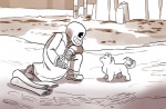 2016 animated_skeleton bone canid canine canis clothing coat comic domestic_dog duo eyes_closed feral humanoid kneeling lab_coat lynxgriffin mammal sans_(undertale) skeleton smile story story_in_description tail tail_motion tailwag topwear ultradog_(undertale) undead underground undertale undertale_(series)