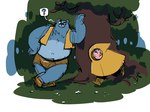 anthro belly blue_body blue_fur bottomwear clothing duo facial_hair fur male mustache outside overweight overweight_male plant question_mark shorts tree chuchugelee bear human mammal 2025 4:3 hi_res