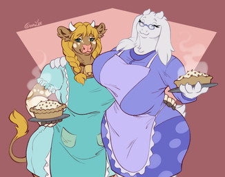 anthro apron big_breasts blonde_hair blouse bottomwear braided_hair braided_pigtails breasts brown_body brown_fur clothed clothing cowbell duo eyes_closed eyewear female food fur glasses hair holding_food holding_object horn huge_breasts inner_ear_fluff jewelry looking_at_viewer markings mature_anthro mature_female necklace pie_(food) pigtails simple_background skirt smile spots spotted_markings teal_eyes topwear tuft wearing_glasses white_body white_fur goolee undertale_(series) bethany_genisse toriel bovid bovine caprine cattle dairy_cattle goat jersey_cattle mammal 2025