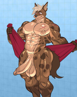 abs anthro balls biceps brown_body calf_muscles cybernetic_arm cybernetic_limb ear_markings genitals gold_(metal) gold_tooth humanoid_genitalia humanoid_penis male markings mechanical_arm muscular muscular_male pecs penis red_eyes scar scared solo spots spotted_body tan_body towel trapezius tiburalgo ashton_kohler hyena mammal spotted_hyena
