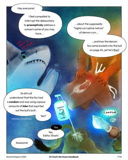 anthro balls big_pupils bodily_fluids border condom cum cum_inside dialogue filled_condom fin genital_fluids genitals gesture holding_butt knot knotted_penis knotting lube lube_bottle male penis pupils sexual_barrier_device speech_bubble tail text waving white_border sharkinthepark aquatic fish shark 2025 4:5 absurd_res english_text hi_res
