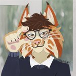 anthro brown_hair clothing ear_tuft eyewear glasses hair looking_at_viewer male smile solo stripes sweater topwear tuft whiskers eevachu new_look_(brand) kotakat new_look_lynx bobcat felid feline lynx mammal 1:1 hi_res