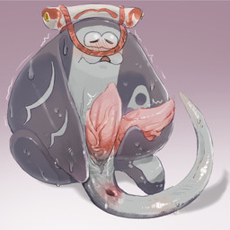 2_penises :3 animal_genitalia animal_penis anthro anus blush bodily_fluids clothing flat_body genitals grey_body hat headgear headwear hemipenes male multi_genitalia multi_penis penis solo sweat tapering_penis vein veiny_penis saba_subdup nintendo splatoon big_man_(splatoon) aquatic fish manta_ray ray_(fish) stingray 1:1 hi_res