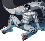 4_toes abs anthro beard biceps black_hair blood bodily_fluids claws eye_scar facial_hair facial_scar feet finger_claws fur genitals hair leopard_spots male markings muscular muscular_anthro muscular_male nipples nude pawpads pecs penis scar sitting sitting_on_ground solo spots spotted_body spotted_fur toe_claws toes white_body white_fur wounded yellow_eyes zong_wumi alvintanubis yuntian felid mammal pantherine snow_leopard artist_name hi_res