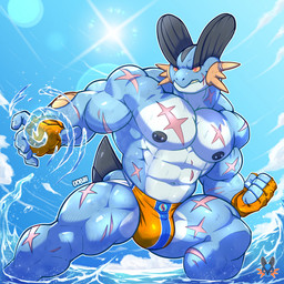 abs action_pose anthro anthrofied areola barazoku barbell_piercing biceps big_bulge big_muscles big_pecs biped black_nipples blue_background blue_body blue_clothing blue_jockstrap blue_skin blue_underwear bottomwear bulge clothed clothing deltoids detailed_background elemental_manipulation fin fingerless_gloves fist front_view gloves grin handwear head_fin humanoid_hands jockstrap male mega_stone monotone_clothing monotone_gloves monotone_handwear multicolored_body multicolored_jockstrap muscular muscular_anthro muscular_arms muscular_male muscular_thighs navel nipple_dip nipple_piercing nipples obliques orange_clothing orange_gloves orange_handwear orange_jockstrap orange_sclera orange_underwear outside pecs piercing pose quads red_eyes scar scars_all_over sea serratus simple_background sky smile solo speedo speedo_only standing stocky swampertite swimming_in_underwear swimwear tail tail_fin topless trapezius triceps underwear water water_manipulation wet wet_body white_body white_clothing white_jockstrap white_skin white_underwear uobih nintendo pokemon fan_character amphibian generation_3_pokemon pokemon_(species) swampert 2026 character_request digital_drawing_(artwork) digital_media_(artwork) hi_res