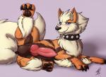 2016 animal_genitalia animal_penis arcanine balls big_penis blue_eyes blush canid canine canine_genitalia canine_penis collar collar_only erection fangs femboy feral fluffy fur generation_1_pokemon genitals knot looking_at_viewer male mammal nintendo nude paws penis pokemon pokemon_(species) presenting presenting_penis raised_leg seductive shikaro signature simple_background smile solo spiked_collar spikes spread_legs spreading teeth