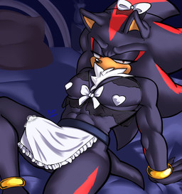 4_fingers abs accessory anthro bed biceps black_body black_fur black_nose bodily_fluids bow_ribbon bracelet chest_tuft clothed clothing crossdressing dripping erection erection_under_clothing femboy fingers fishnet_clothing fishnet_topwear fur furniture genital_fluids hair hair_accessory hair_bow hair_ribbon half-closed_eyes inside jewelry leaking_precum looking_at_viewer maid_apron maid_headdress maid_uniform male multicolored_body multicolored_fur muscular muscular_anthro muscular_male narrowed_eyes nipple_covers nipple_outline on_bed pecs pillow precum precum_drip precum_string precum_through_clothing red_body red_eyes red_fur ribbons sitting sitting_on_bed solo spread_legs spreading tail tenting topwear tuft uniform wet wet_clothing aoibeast sega sonic_the_hedgehog_(series) shadow_the_hedgehog eulipotyphlan hedgehog mammal digital_drawing_(artwork) digital_media_(artwork) hi_res shaded signature