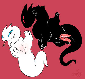 2_penises animal_genitalia animal_penis big_tail black_body black_fur blue_eyes blush body_blush butt duo female female_feral feral forked_tongue fur genitals hemipenes lying male male_feral multi_genitalia multi_penis narrowed_eyes on_back on_side pawpads penis presenting presenting_hindquarters presenting_penis presenting_vulva pupils raised_leg red_background red_eyes simple_background slit_pupils tail tongue vulva vulva_blush white_body white_fur snazzle_snapp hybrid reptile scalie snake 2025 digital_drawing_(artwork) digital_media_(artwork) low_res signature