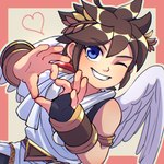 5_fingers belt blue_eyes brown_hair clothing feathered_wings feathers fingers hair heart_symbol light_body light_skin looking_at_viewer male not_furry one_eye_closed smile solo wings wink azcbcd kid_icarus nintendo pit_(kid_icarus) angel humanoid winged_humanoid 1:1 2024 hi_res