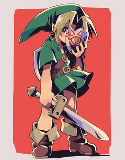 belt blue_eyes boots clothed clothing footwear green_clothing hair hat headgear headwear holding_melee_weapon holding_object holding_sword holding_weapon humanoid_pointy_ears looking_at_viewer male mask melee_weapon not_furry pointy_ears shield shoes solo sword weapon young enotou_moi nintendo the_legend_of_zelda young_link humanoid hylian 2020 hi_res