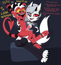anthro arm_tuft arms_tied bdsm begging_for_mercy blush blush_lines bodily_fluids bondage bondage_gear bound cartoon_freckles chain chained chained_cuffs clothed clothed_female clothing crying_laughing cuff_(restraint) dialogue digitigrade dominant dominant_female drooling duo embarrassed eyelashes facial_tuft feet female femboy fluffy fluffy_tail freckled_face freckles fur genitals hair hooves laugh long_eyelashes male male/female markings motion_lines nude_male paws paws_in_socks penis piercing pointy_ears punk_hair red_body red_sclera red_skin restraints saliva shoulder_tuft size_difference smaller_male smug striped_markings striped_tail stripes submissive submissive_male sweat tail tail_markings tears teasing tickle_fetish tickle_torture tickling tickling_armpits tickling_feet tickling_genitalia tickling_machine tickling_penis tuft white_body white_eyes white_fur white_hair yellow_eyes caroo hellaverse helluva_boss mythology loona_(helluva_boss) moxxie_(helluva_boss) canid canid_demon canine demon hellhound humanoid imp mammal mythological_canine mythological_creature hi_res