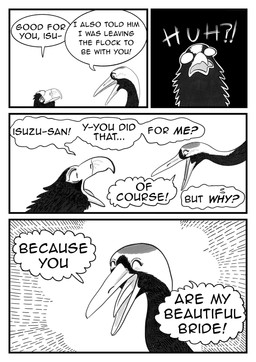 ambiguous_gender black_body black_feathers dialogue duo feathers female feral shocked simple_background speech_bubble text white_body white_feathers comixqueen akiko_(comixqueen) isuzu_(comixqueen) accipitrid accipitriform avian bird crane_(bird) eagle gruiform grus_(genus) red-crowned_crane sea_eagle steller's_sea_eagle 2025 black_and_white comic english_text hi_res monochrome female_(lore)