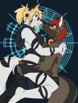 anthro breasts clothed clothing collar duo electronics eye_contact female headphones looking_at_another male male/female panties sitting smile topless underwear rinkai aerial_(character) canid canine canis mammal wolf 2012 hi_res