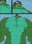 abs anthro biceps big_muscles big_pecs green_body green_scales growth hair horn huge_muscles huge_pecs hyper macro male muscle_growth muscular muscular_anthro muscular_arms muscular_male nipples nude pecs potion scales small_head solo tiny_head yellow_eyes notveryathletic ryuakira third-party_edit mythology arekusanderu dragon mythological_creature mythological_scalie reptile scalie 2012 color_edit colored comic hi_res traditional_media_(artwork)