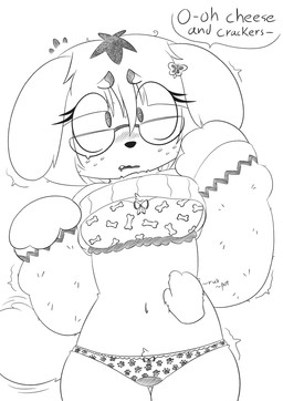 anthro belly_rub blissful_mouth blush bone_print bow_panties bow_underwear bra breasts butterfly_clip chest_tuft clothed clothing crotch_tuft dialogue disembodied_hand eye_through_hair eyebrow_through_hair eyebrows eyewear female floppy_ears freckles glasses hair heart_pupils heart_symbol messy_hair navel panties pawprint_print print_bra print_clothing print_panties print_underwear raised_clothing raised_sweater raised_topwear shaking simple_background small_breasts solo sweater tail tail_motion tailwag topwear translucent translucent_hair trembling tuft underwear white_background castafae bird_dog canid canine canis domestic_dog hunting_dog mammal spaniel absurd_res hi_res monochrome
