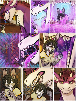 ambiguous_gender anthro anthro_on_feral bestiality black_hair bodily_fluids brown_eyes clothed clothing disgust dreadlocks drooling duo eye_contact feral fur grey_body grey_fur hair horn hypnosis imminent_vore inside looking_at_another male mane mind_control mouth_closed narrowed_eyes open_mouth purple_body purple_fur purple_mane purple_tongue ringed_eyes saliva saliva_string scared shirt size_difference smaller_male smile t-shirt tongue tongue_out topwear unwilling_prey white_body white_fur yellow_eyes acidic mythology dragon lagomorph leporid mammal mythological_creature mythological_scalie rabbit scalie comic hi_res