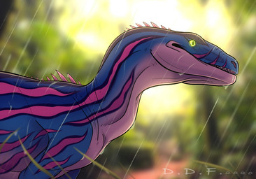 ambiguous_gender back_spikes blue_body blurred_background feral glowing glowing_eyes green_eyes head_spikes multicolored_body pink_body raining solo spikes spikes_(anatomy) teeth white_body deepdarkfantasies acrocanthosaurus allosauroid carcharodontosaurid dinosaur prehistoric_species reptile saurischian scalie theropod 2020 dated digital_media_(artwork)
