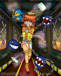 belt belt_buckle blue_eyes blush booties bottle brown_hair buckle captured carpet castle chain chain_leash container crown diaper dog_like_creature eyewear fangs female floor flying_broom gag glasses group hair headgear lava leash magic magic_spell metal_bar metallic_body one_tooth pacifier pacifier_gag restraints scared sparkles straitjacket straps teeth telekinesis walking wood wood_floor yellow_body yellow_skin pumpkprince(ss) mario_bros nintendo kamek princess_daisy chain_chomp koopa magikoopa scalie hi_res