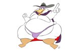 anthro bulge cape clothing gesture hand_gesture hat headgear headwear male mask obese obese_anthro obese_male overweight overweight_anthro overweight_male pointing simple_background solo thong underwear white_background white_body joe-anthro darkwing_duck disney ducktales drake_mallard anatid anseriform avian bird duck hi_res signature