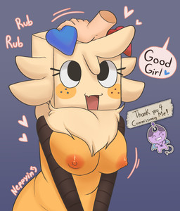 ambiguous_gender anthro areola breast_squish breasts crossgender dialogue duo eyelashes female freckled_face freckles headpat heart_symbol long_eyelashes motion_lines mtf_crossgender neck_tuft nipples petting pink_nipples rubbing_head solo_focus squish text tuft tufted_fur neppyin blushcrunch_studio dandy's_world roblox goob_(dandy's_world) box_head canid canine human mammal 2026 absurd_res digital_media_(artwork) english_text hi_res