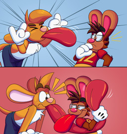 4_fingers anthro big_tongue blowing_raspberries cartoon_gloves cartoon_physics duo eyebrows eyes_closed eyewear fingers glasses long_tongue making_faces male male/male red_tongue size_difference stretching tail taunting teasing tongue toony toony_expression toony_moment wide_tongue wiggling_fingers doggydog doggydog_(character) roderick_(tamerkoh) toon_doggydog_(doggydog) canid canine canis domestic_dog lagomorph leporid mammal rabbit absurd_res comic hi_res