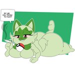 anthro big_breasts big_butt bloodshot_eyes breasts butt cheek_tuft chest_tuft dialogue drugs eyelashes facial_markings facial_tuft fangs female fur green_background green_body green_fur head_markings holding_joint holding_object huge_butt looking_at_object lying marijuana markings nude object_between_breasts on_front pokeball red_eyes short_stack simple_background smile smoke solo speech_bubble standard_pokeball stoned substance_intoxication teeth text thick_thighs tuft white_background wide_hips cuadra_side nintendo pokemon felid feline felis generation_9_pokemon mammal pokemon_(species) sprigatito 1:1 absurd_res hi_res