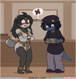 anthro blush cuffs_(object) diaper duo female female/female key lock padlock restraints straitjacket the_padded_room esmeralda_kingsley amphibian mammal newt procyonid raccoon salamander absurd_res hi_res