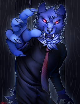 5_fingers anthro black_nose blue_body blue_fur claws clothed clothing fingers fur looking_at_viewer male necktie red_eyes solo suit conditional_dnp ratte canid canine canis demon mammal vampire wolf 2019 digital_media_(artwork) hi_res