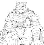 anthro armor cape clothing fangs male scar solo teeth urakata5x elden_ring fromsoftware blaidd_(elden_ring) canid canine canis mammal wolf hi_res monochrome