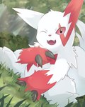 ambiguous_gender anthro biped black_eyes detailed_background fur grass looking_at_viewer one_eye_closed plant red_body red_fur red_sclera sitting sitting_on_ground smile solo white_body white_fur rumine nintendo pokemon generation_3_pokemon pokemon_(species) zangoose colored hi_res shaded