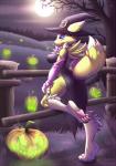 against_fence against_surface anthro black_sclera breasts butt clothed clothing female fence food fruit full_moon fur hat headgear headwear holidays jack-o'-lantern magic_user moon nipple_outline nipples plant pumpkin smile solo witch witch_hat yellow_body yellow_fur sallyhot teamacorn bandai_namco digimon halloween canid canine digimon_(species) mammal renamon 2015 hi_res