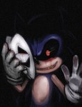 anthro blood blue_body blue_fur bodily_fluids clothing creepy creepypasta cylent_nite demonic eulipotyphlan evil_grin fur gloves handwear hedgehog horror_(theme) looking_at_viewer majin_sonic male mammal mask nightmare_fuel red_eyes sega sharp_teeth smile solo sonic.exe sonic.exe_(creepypasta) sonic_the_hedgehog_(series) teeth