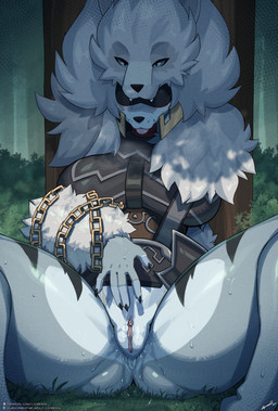 against_natural_surface against_surface against_tree animal_skin anthro armor big_breasts blep bodily_fluids bottomless bottomless_anthro bottomless_female breasts clothed clothing female fingering fingering_self fur genital_fluids genitals grey_body grey_fur masturbation plant plate_armor presenting presenting_vulva solo thick_thighs tongue tongue_out tree vaginal vaginal_fingering vaginal_fluids vaginal_masturbation vulva lyorenth-the-dragon blizzard_entertainment warcraft frostfur_(pikakinu) canid mammal werecanid werecreature worgen hi_res