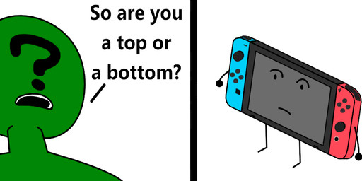 ambiguous_gender duo green_body green_skin humor looking_down looking_down_at_another looking_up_at_another open_mouth pun question_mark screen screen_face simple_background stick_arms stick_legs text two_panel_image visual_pun white_background redcrystal nintendo nintendo_switch anon animate_inanimate human humanoid mammal