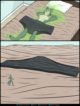 anthro bed bedroom black_briefs black_clothing black_underwear briefs clothing fur furniture grey_body grey_fur male micro nude nude_male shrinking shrinking_out_of_clothes size_transformation sleeping solo tail text transformation unaware_transformation underwear davdav107 beastars legoshi_(beastars) canid canine canis mammal wolf absurd_res comic hi_res url