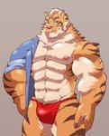 abs anthro biceps bulge claws clothing countershading finger_claws fur fur_tuft looking_at_viewer male multicolored_body multicolored_fur muscular muscular_anthro muscular_male neck_tuft pose red_clothing simple_background solo tuft jumperbear nekojishi studio_klondike lin_hu felid mammal pantherine tiger 2020 absurd_res hi_res portrait three-quarter_portrait