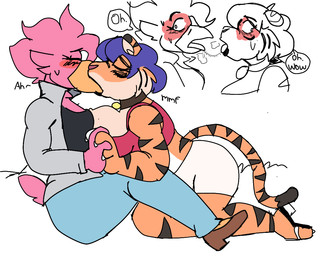 anthro big_breasts blush bodily_fluids breast_squish breasts clothing duo female footwear french_kissing hand_holding jacket jewelry kissing necklace non-mammal_breasts saliva saliva_string squish stripes topwear apolonoise european_mythology greek_mythology mythology felicia_(apolonoise) marisol_(stupeez) avian felid mammal mythological_avian mythological_bird mythological_creature mythological_firebird pantherine phoenix tiger