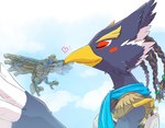 anthro beak blue_body blue_feathers braided_hair braided_ponytail divine_beast eyes_closed feathers hair heart_symbol kissing machine male ponytail solo wings yellow_beak kusachi breath_of_the_wild nintendo the_legend_of_zelda divine_beast_vah_medoh revali avian rito