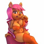 anthro belly big_breasts bottomless bra bra_lift bra_pull breasts cleavage clothed clothing clothing_pull female hair legwear navel pink_hair sitting slightly_chubby solo stockings underwear underwear_pull yellow_body anormaluser parappa_the_rapper sony_corporation sony_interactive_entertainment paula_fox canid canine fox mammal 1:1