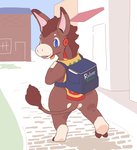 anthro backpack biped bottomless brown_body clothed clothing ear_accessory male multicolored_clothing multicolored_topwear outside path rear_view solo tail tail_tuft topwear tuft walking jimines asinus donkey equid equine mammal digital_media_(artwork) full-length_portrait portrait