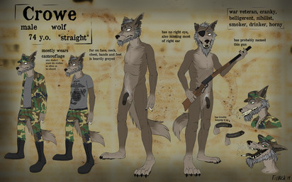 anthro balls beard biped body_hair cigarette clothed clothing crotch_tuft elderly erection eye_patch eyewear facial_hair flaccid fur genitals glans gun hair hairy hairy_balls humanoid_genitalia humanoid_penis male mature_anthro mature_male military nude open_mouth penis ranged_weapon sharp_teeth skinny small_balls solo standing stated_age teeth text tuft weapon wrinkles droptineart crowe_(foxmusk) canid canine canis mammal wolf 2019 digital_media_(artwork) english_text flat_colors hi_res model_sheet