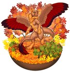 anthro autumn autumn_leaves breasts detailed_background feathered_wings feathers featureless_breasts feet female fingers hybrid katie_hofgard leaf outside plant solo spread_wings toes watermark wings yellow_eyes