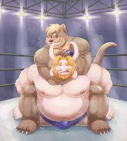 2_horns anthro barazoku beard blonde_beard blonde_eyebrows blonde_facial_hair blonde_hair bulge duo eyebrows facial_hair hair horn male muscular muscular_anthro muscular_male nipples red_eyes thick_eyebrows wrestling aotoaka undertale_(series) asgore_dreemurr bovid caprine goat mammal mustelid otter 2021 colored hi_res