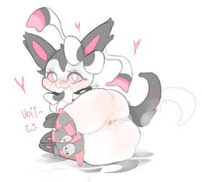 :3 ambiguous_gender anus blush bodily_fluids bubble butt clothing collar eyelashes feral footwear heart_symbol legwear looking_at_viewer lying makeup on_side pawpads presenting presenting_hindquarters shadow snot snot_bubble socks solo solo_focus spiked_collar spikes tail tail_motion text iigomeow nintendo pokemon fan_character eeveelution generation_6_pokemon pokemon_(species) sylveon hi_res
