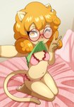 anthro bed biped blush blush_lines bra breasts clothed clothing clothing_lift dipstick_tail eyebrows eyewear female furniture gesture glasses gloves_(marking) green_eyes green_markings hair hand_gesture holding_viewer kneeling kneeling_on_bed leg_markings long_hair looking_at_viewer markings mouth_hold navel on_bed one_eye_closed orange_hair panties partially_clothed pawpads pink_bra pink_clothing pink_nose pink_panties pink_underwear presenting presenting_breasts round_glasses selfie shirt shirt_lift small_breasts socks_(marking) solo tail tail_markings tan_body topwear underwear v_sign wearing_glasses wink winking_at_viewer young young_anthro young_female gi0 domestic_cat felid feline felis mammal 2025 absurd_res hi_res