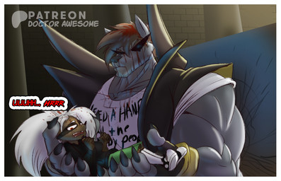 anthro anthrofied big_hands blood blood_on_clothing blood_on_face blood_splatter bodily_fluids border clothing cradling drop dropping eyewear female holding_person huge_hands larger_male male muscular muscular_anthro muscular_male size_difference smaller_female sunglasses white_border doctor_awesome bigbad roxycoon unlucky_chucky veronica_von canid canine canis fox mammal mephitid mustelid procyonid raccoon skunk wolf absurd_res hi_res
