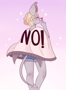 4_fingers anthro bent_arm blonde_eyebrows blonde_hair blue_bottomwear blue_clothing blue_shorts blush blush_lines bottomwear braided_bun braided_pigtails clothing ear_tuft exclamation_point eyebrow_through_hair eyebrows eyelashes eyes_closed female female_anthro fingers fur gradient_background grey_body grey_fur grey_lips grey_membrane grey_tail grey_wings hair heart_symbol light lips membrane_(anatomy) pink_background pink_bow pink_nose puckered_lips red_inner_ear shawl shorts simple_background solo spade_tail sparkles standing tail text text_on_clothing text_on_shawl translucent translucent_hair tuft white_shawl wings suzeart quinn_savior bat gargoyle hybrid leaf-nosed_bat mammal microbat vampire_bat yangochiropteran 2026 artist_name colored digital_drawing_(artwork) digital_media_(artwork) english_description full-length_portrait hi_res lighting portrait shaded